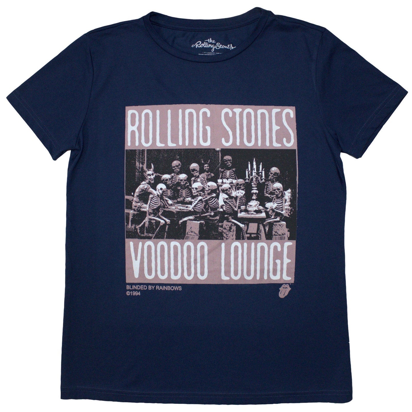 Black ladies t-shirt featuring a graphic of The Rolling Stones Voodoo Skulls logo.