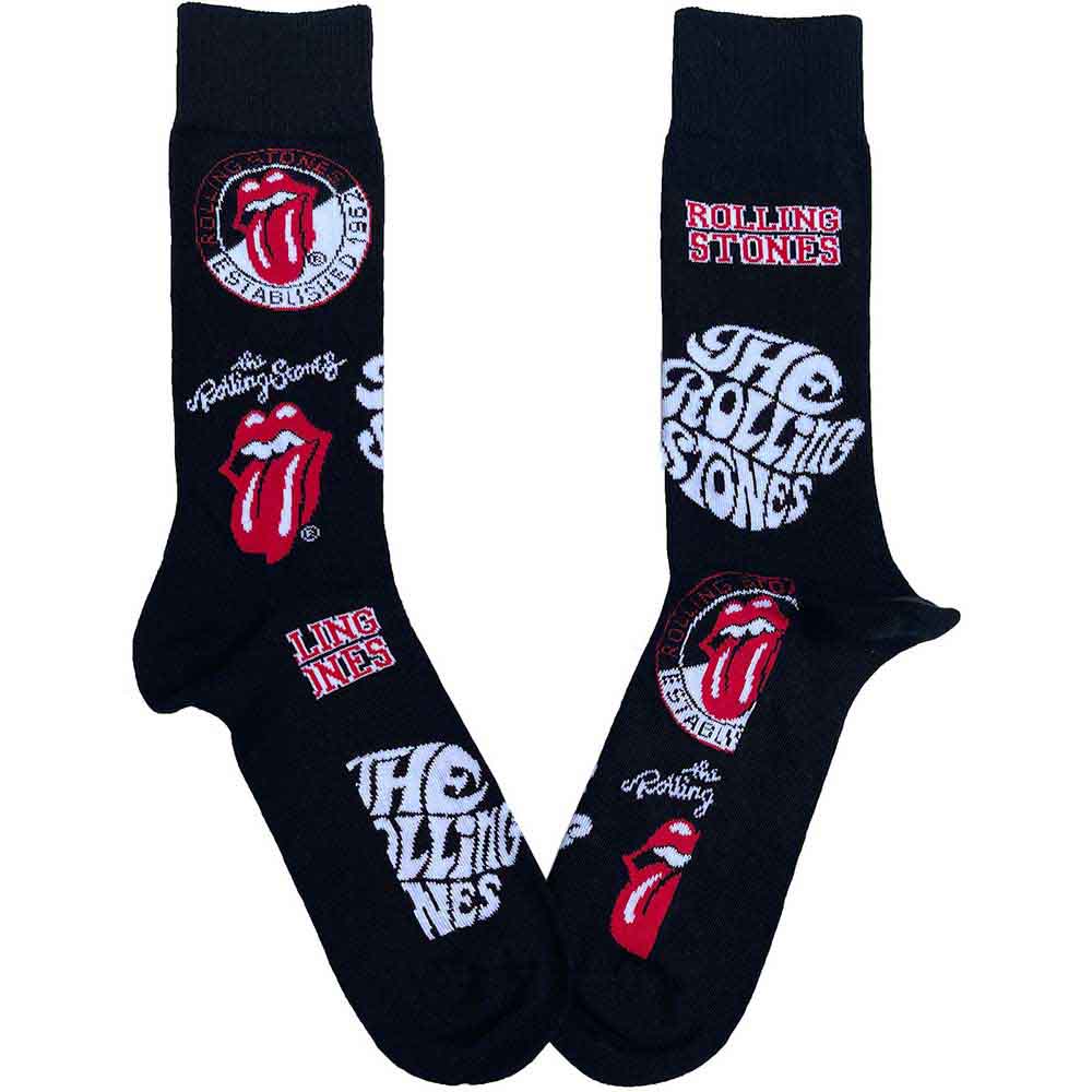 A pair of black crew socks featuring various Rolling Stones logos and text patterns.