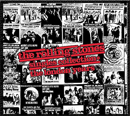 Collage of black and white Rolling Stones single covers with red text overlaid.