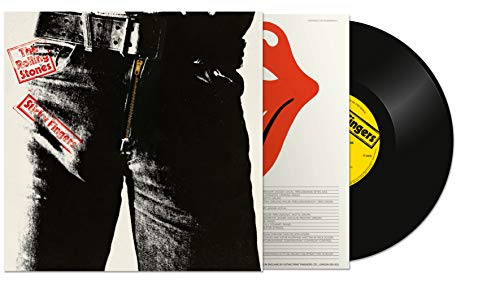 The Rolling Stones’ Sticky Fingers vinyl record with iconic cover art.