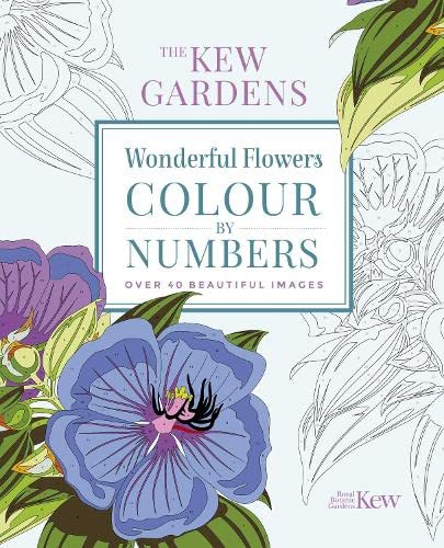 Cover of The Kew Gardens Wonderful Flowers colour-by-numbers book with floral illustrations.
