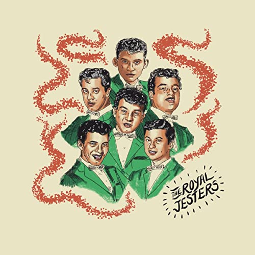 Six men in green suits with red swirling design background.