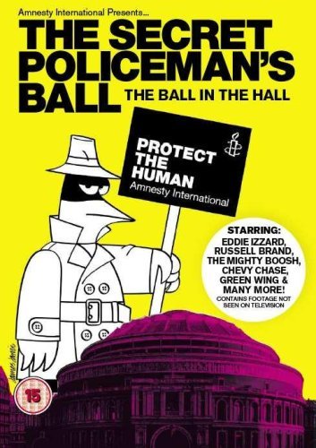 DVD cover for "The Secret Policeman's Ball" featuring cartoon spy and Amnesty International logo.