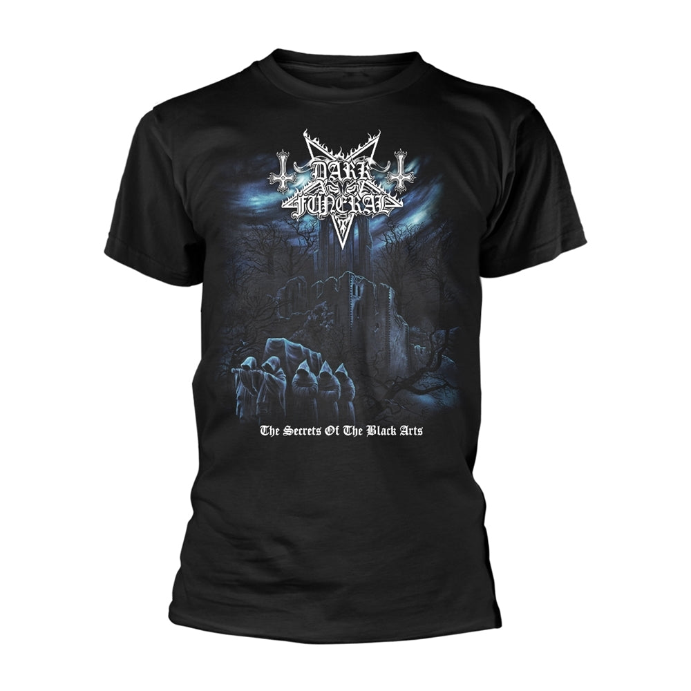 Black t-shirt with gothic text and a dark, misty landscape design.