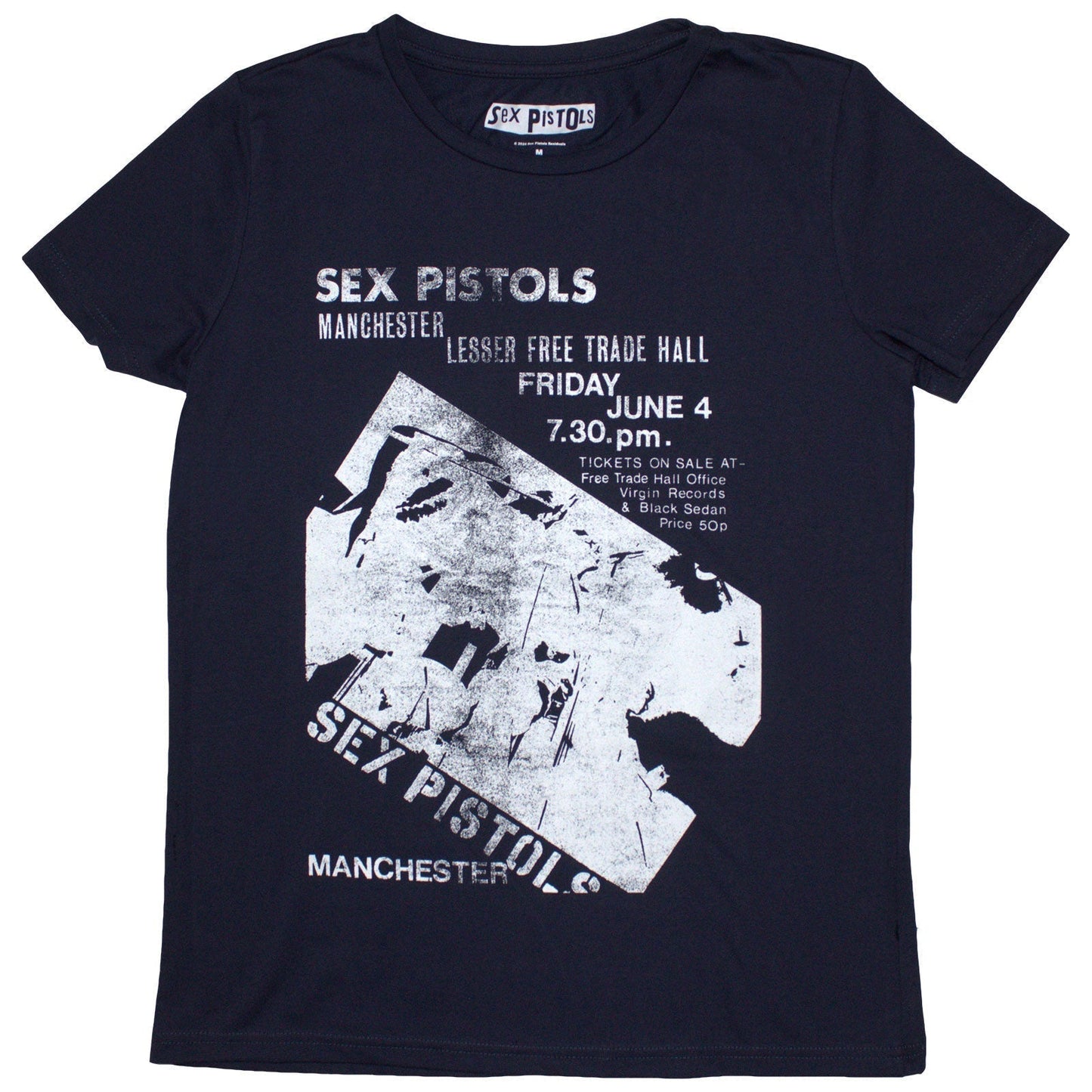 Black ladies t-shirt featuring a vintage Sex Pistols Manchester concert flyer graphic.
