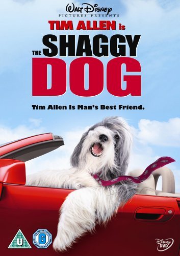 DVD cover for "The Shaggy Dog" featuring a fluffy, white dog in a red car.