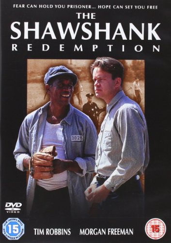 DVD cover for "The Shawshank Redemption" featuring Morgan Freeman and Tim Robbins.