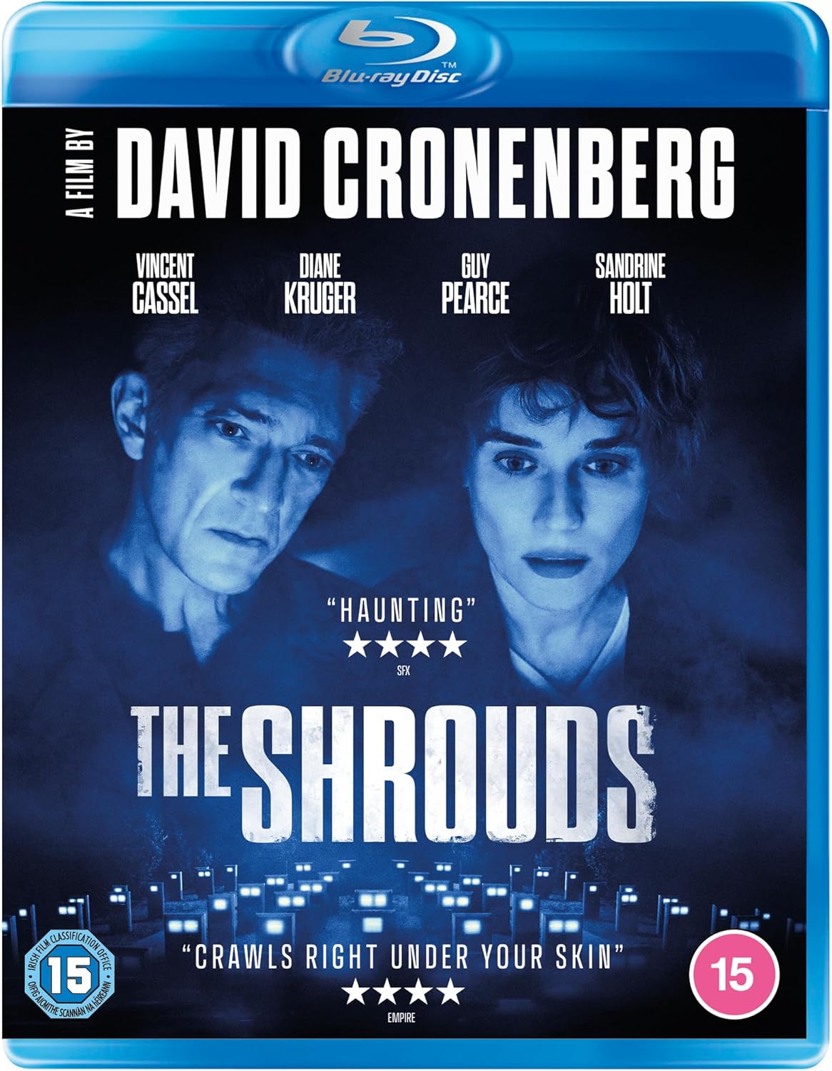 Blu-ray cover for The Shrouds featuring Vincent Cassel and Diane Kruger in blue tones.