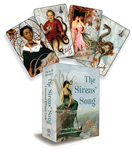 Card deck box with mermaid illustration and several displayed tarot-style cards.