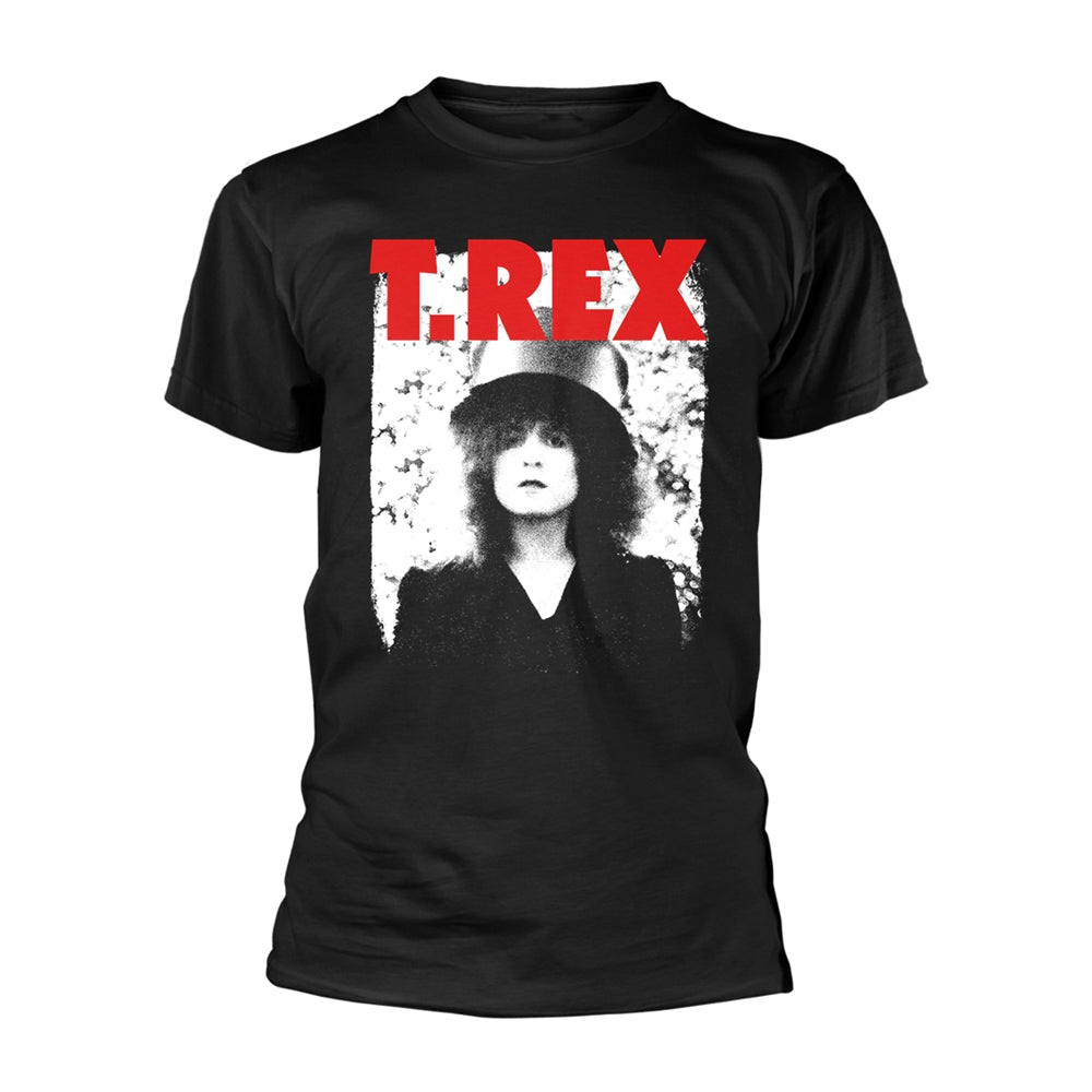 Black t-shirt with a graphic of Marc Bolan of T.Rex in red and white.