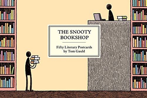 A cartoon of a bookshop with stick figures, bookshelves, and the title text.