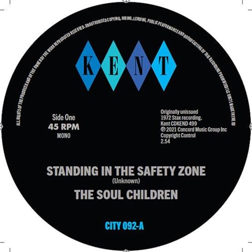 Black vinyl record label with blue diamond logos and white text.
