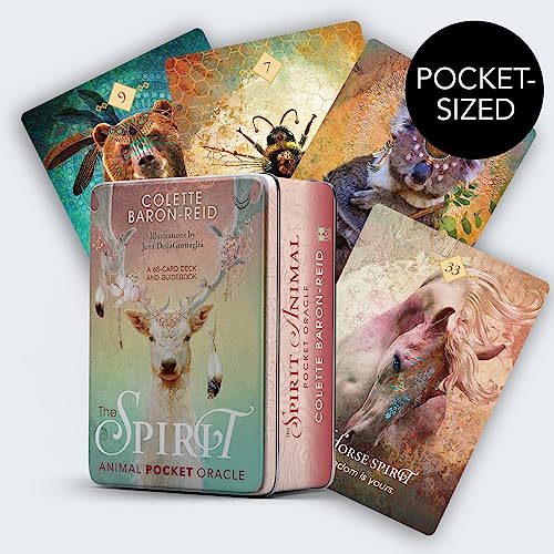 A deck of spirit animal oracle cards in a tin box with illustrated cards.