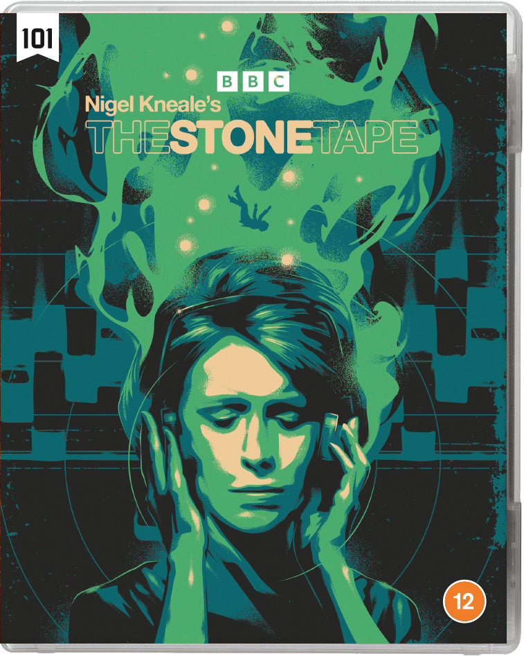 Blu-ray cover for “The Stone Tape” featuring a woman with headphones.