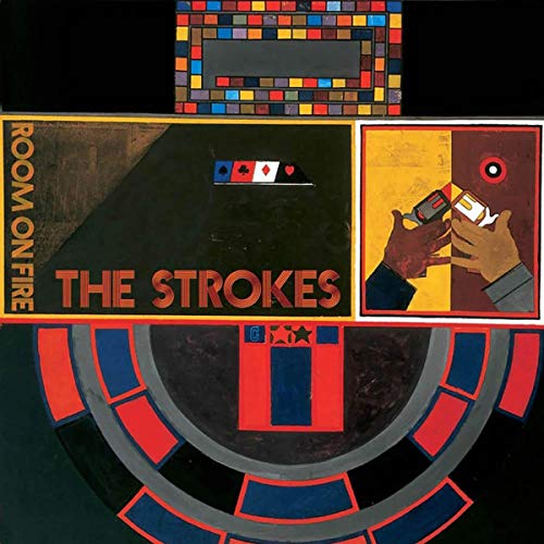 The Strokes Room on Fire album cover featuring geometric patterns and two hands holding guns.