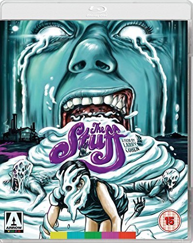 Blu-ray cover for "The Stuff" featuring a screaming face and white goo.
