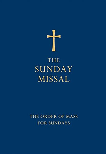 Blue cover of "The Sunday Missal" with a gold cross emblem.