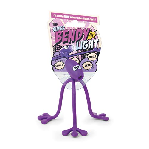 Purple, flexible toy light with googly eyes on clear packaging.