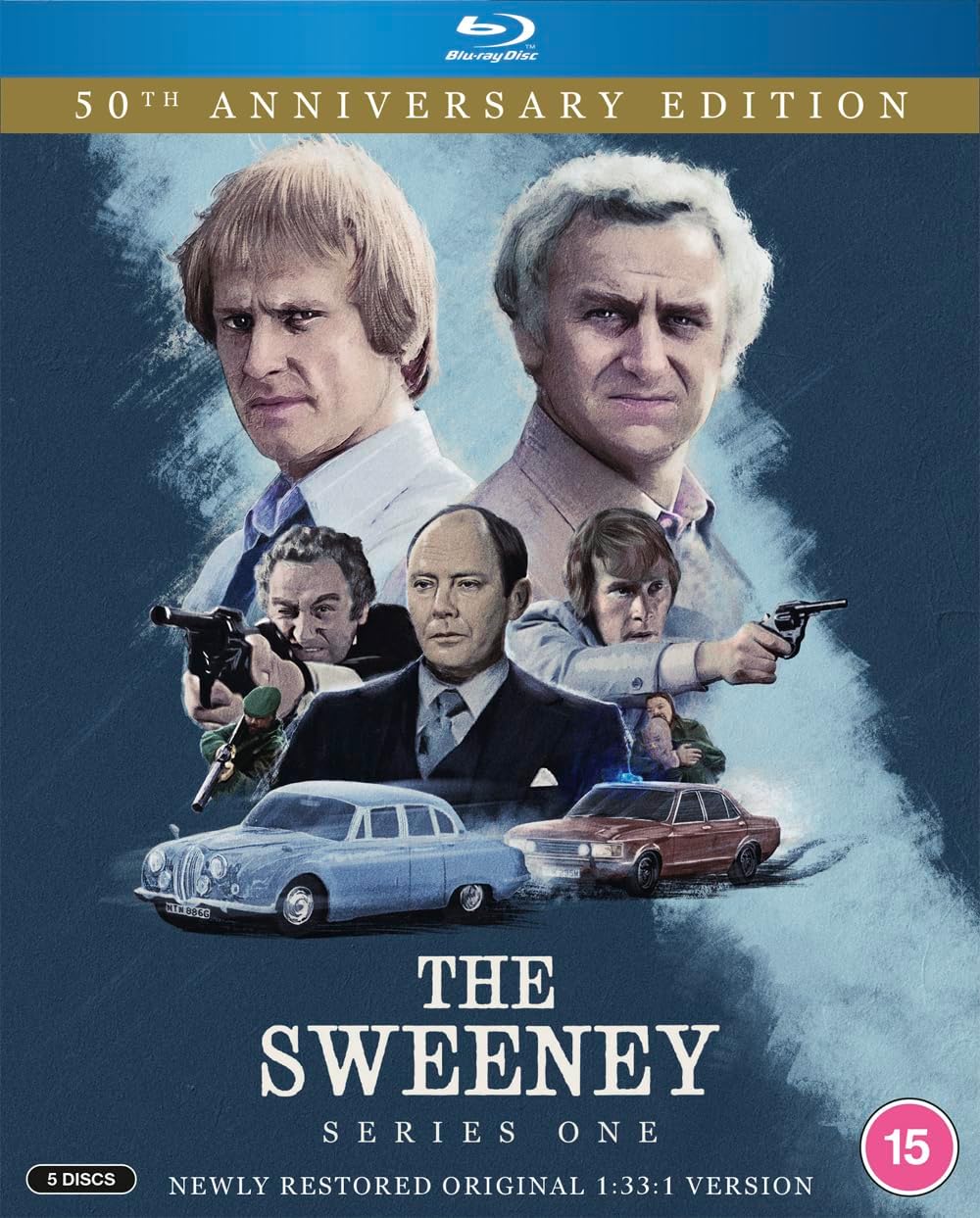 Blu-ray cover art for The Sweeney Series One featuring cast portraits and vintage cars.