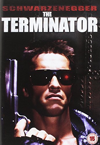 The Terminator" DVD cover featuring Arnold Schwarzenegger in sunglasses holding a gun.