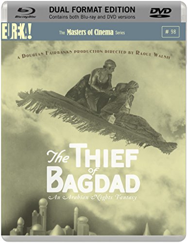 Blu-ray cover art showing two people flying on a magic carpet above a city.