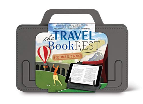 Grey portable book and tablet rest with handle and illustrated cover.