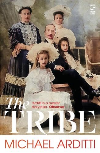 A vintage-style family portrait of five people in formal Victorian clothing.