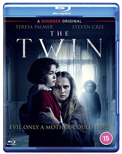 "Blu-ray case for 'The Twin' with a haunting image of two women embracing."