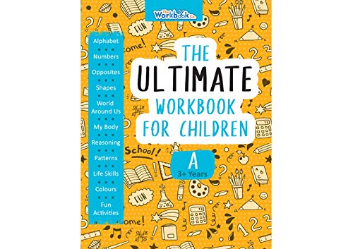 Colorful workbook cover for children aged 3+, featuring learning topics.