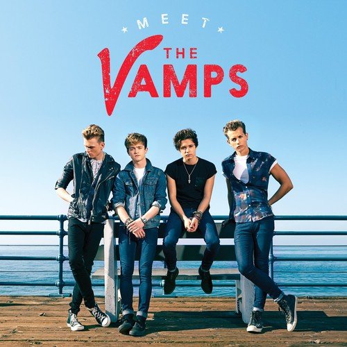 The four members of The Vamps pose on a pier against a blue sky.