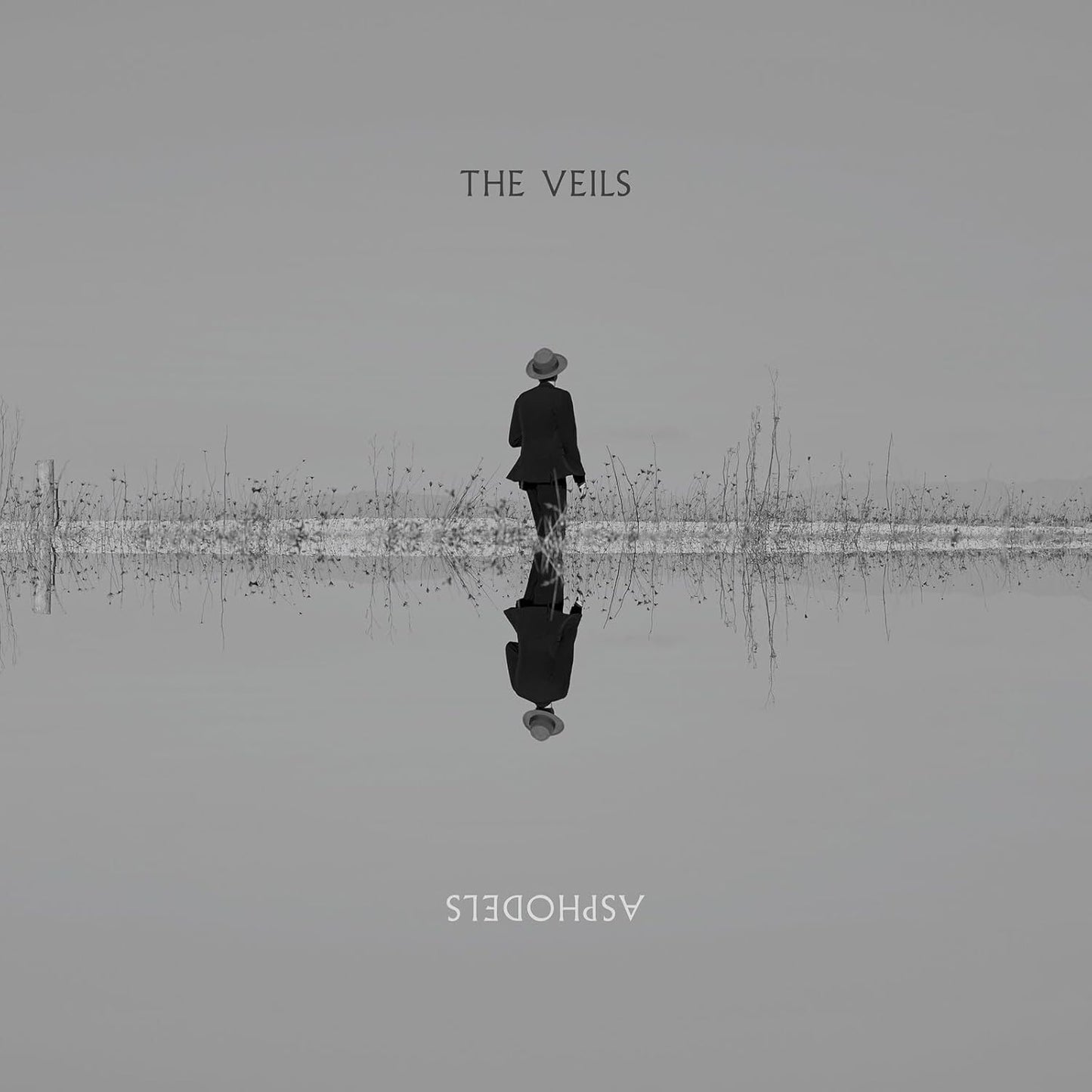 A person in a hat and suit walking, reflected in water, with symmetrical text.