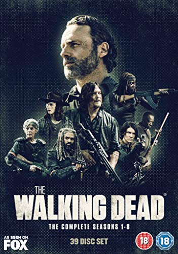 The Walking Dead" Seasons 1-8 DVD cover featuring a group of armed characters.