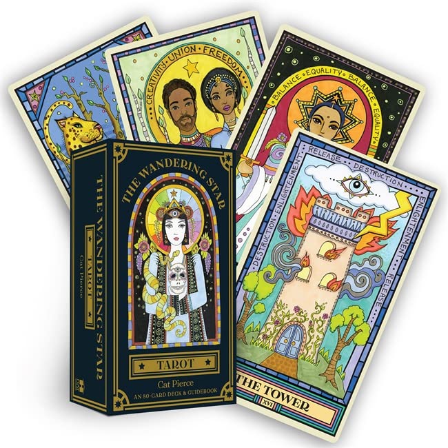The Wandering Star Tarot deck box and several colorful illustrated tarot cards.