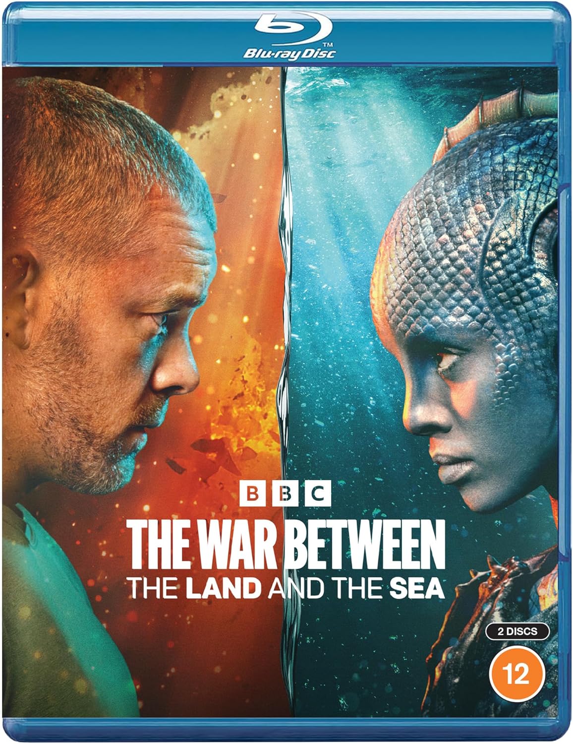 Blu-ray cover for "The War Between the Land and the Sea" featuring two faces.