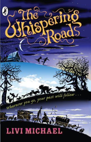 Book cover: “The Whispering Roads” with silhouetted figures and a nighttime scene.
