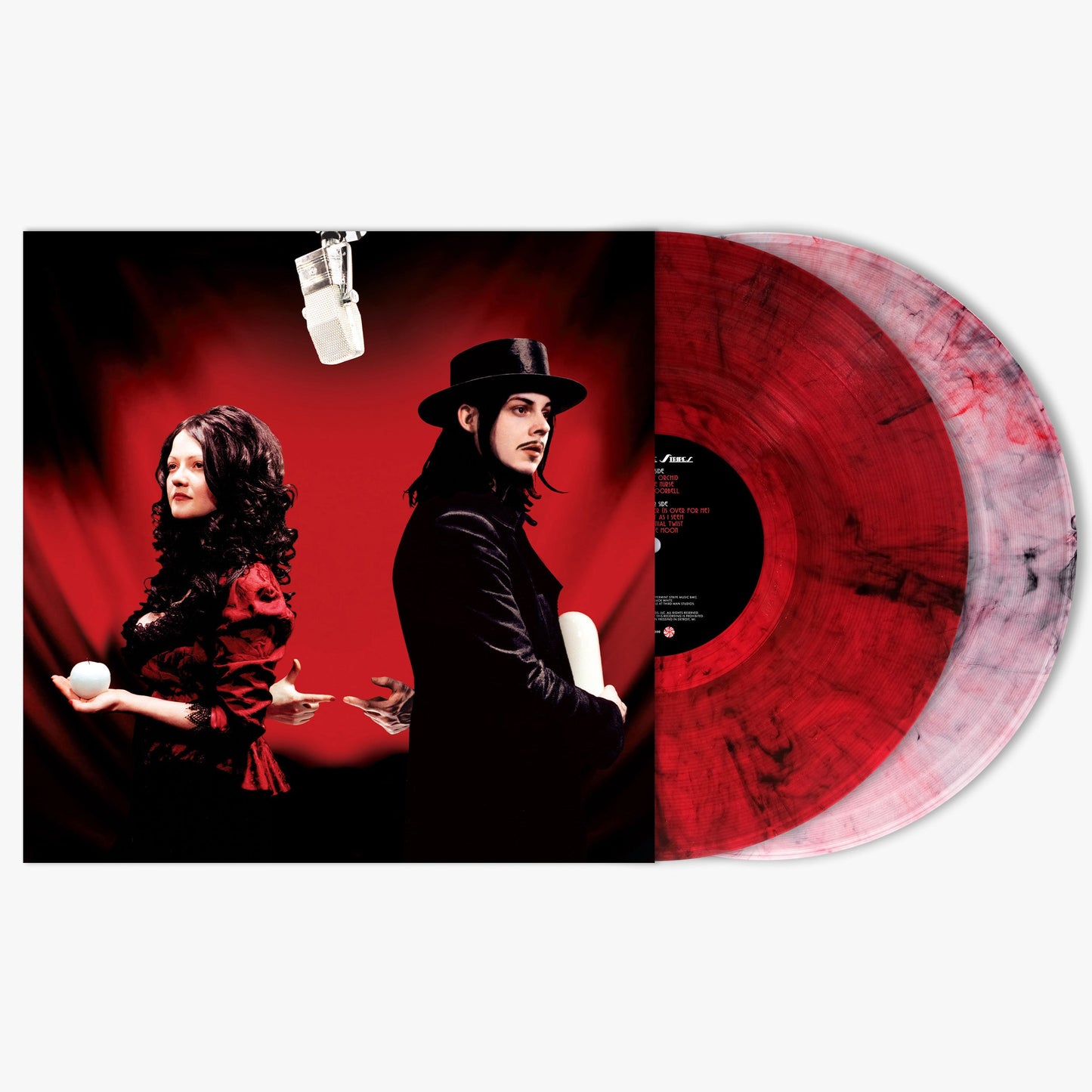 The White Stripes album cover with red and clear smoke vinyl records.