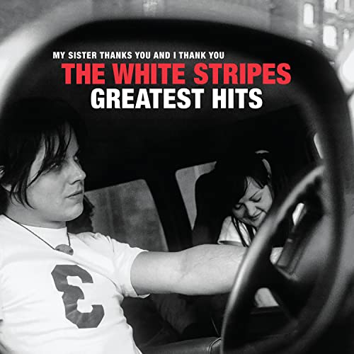 The White Stripes “Greatest Hits” CD cover with band members in a car.