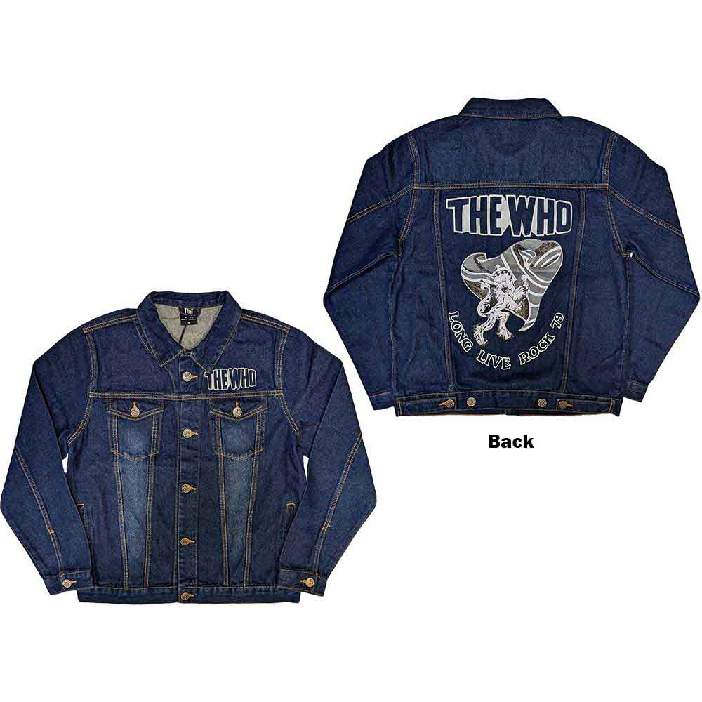 Denim jacket with "Long Live Rock" graphic on back, size XX-Large.