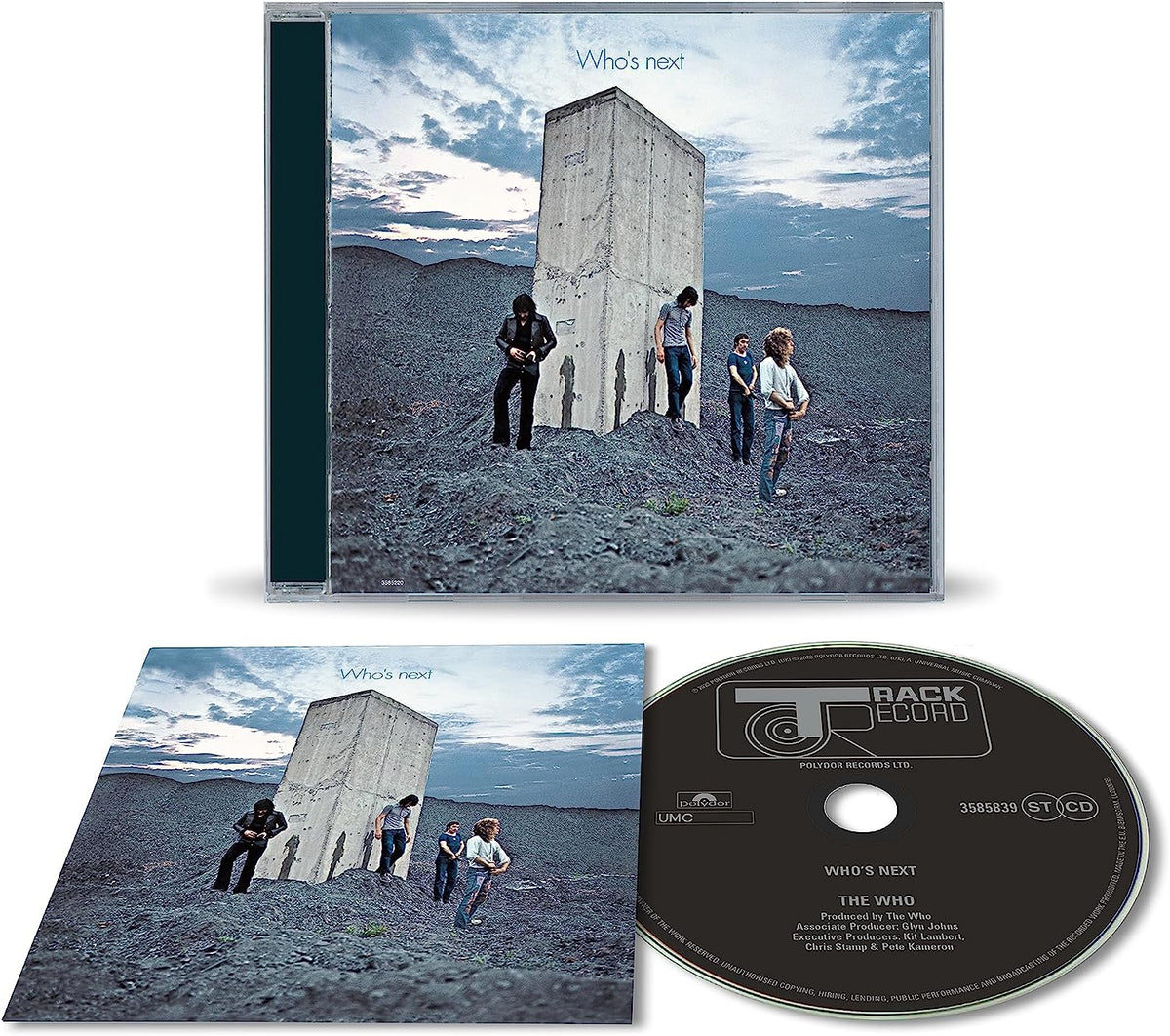 "CD case and disc for The Who's 'Who's Next' album, featuring band members near a concrete pillar."