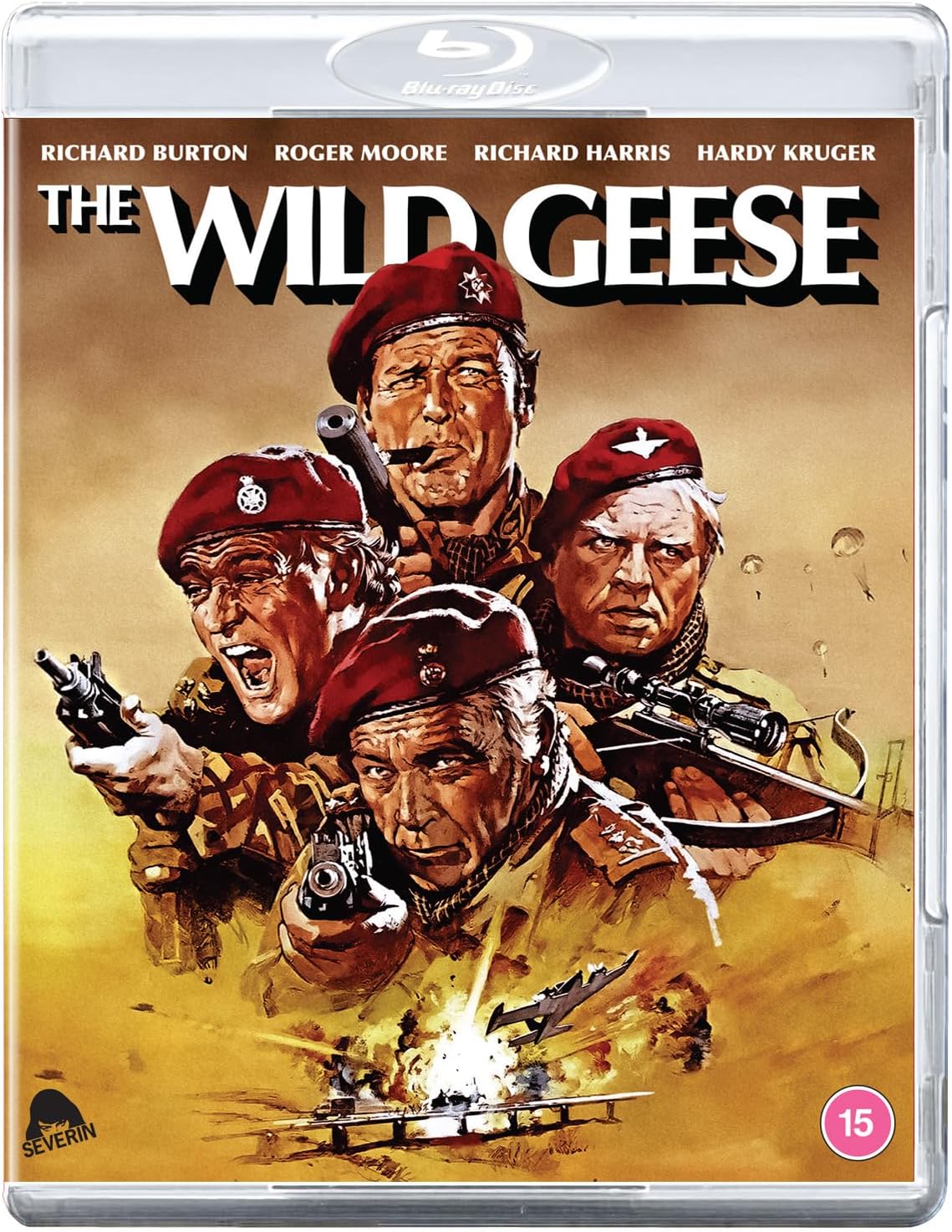 The Wild Geese" Blu-ray cover featuring four armed men in berets.