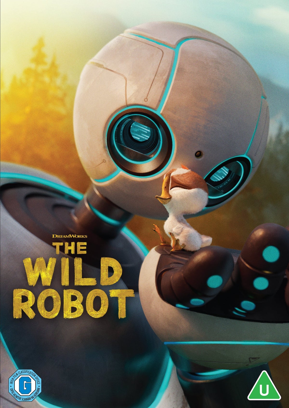 A white robot with glowing blue accents holds a small duckling in its hand.