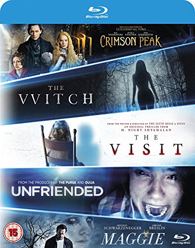 Blu-ray cover art featuring posters for Crimson Peak, The Witch, The Visit, Unfriended, and Maggie.
