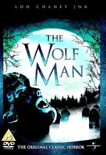 The Wolf Man" DVD cover featuring a wolf’s face and a moonlit graveyard.