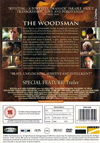 DVD back cover for "The Woodsman" featuring cast photos and film details.