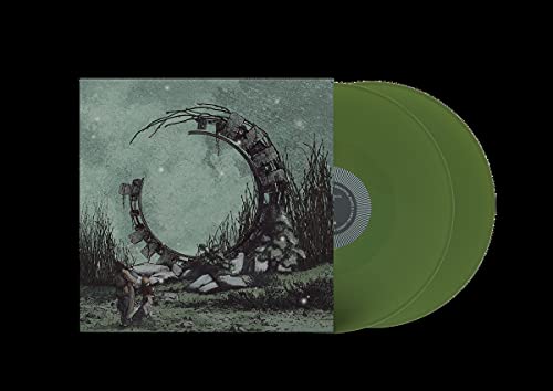 Album cover art showing a crescent structure in a field next to olive green vinyl.