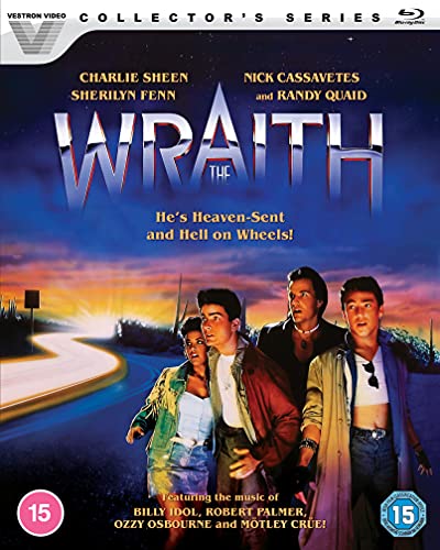 Blu-ray cover art for The Wraith featuring four actors against a desert sunset background.