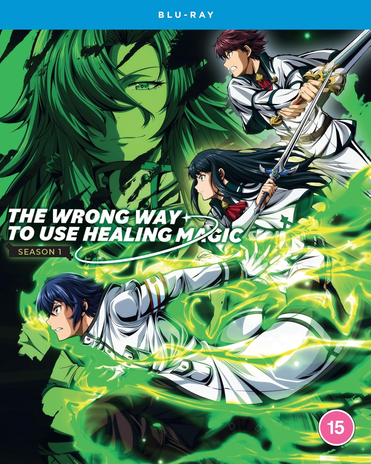 Anime characters in white uniforms surrounded by green magical energy on a Blu-ray cover.