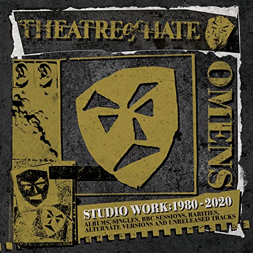 Theatre of Hate Omens box set cover with yellow mask icon on black background.