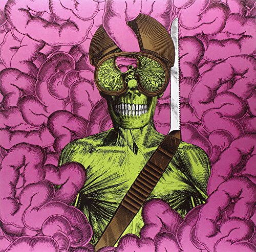 A green skull wearing goggles and a knife against a background of pink intestines.