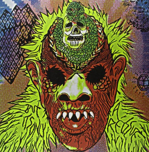 Close-up of a brightly colored, distorted gorilla face with a skull.